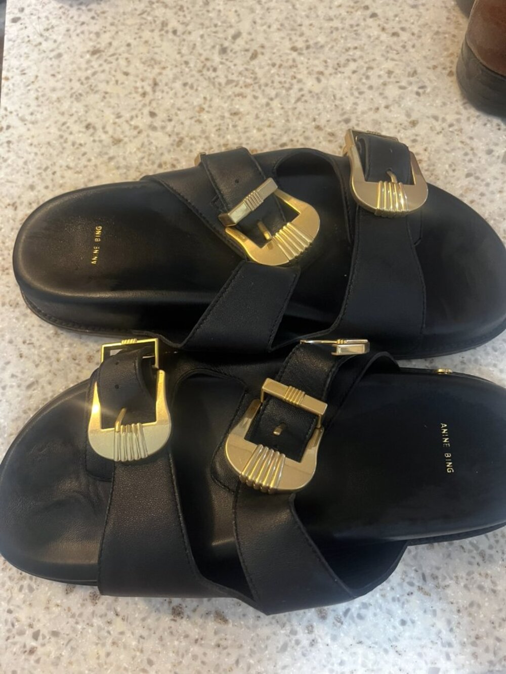 Anine Bing Black Leather Slide Sandals with Gold Buckles